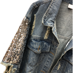 Sequined Loose Distressed Denim Jacket