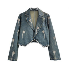 Embroidered Diamond Tassel Short Denim Jacket