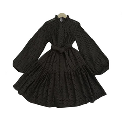 Hollow Out Lantern Sleeve Tie Waist A-Line Dress