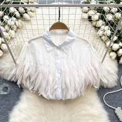 Solid Bubble Sleeve Tassel Blouse