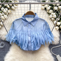 Solid Bubble Sleeve Tassel Blouse