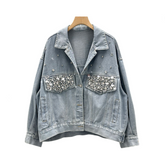 Diamond Studded Long Sleeved Loose Denim Jacket