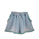 Diamond Studded Blue Beads Wide Leg Denim Shorts