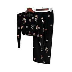 Flower Diamond Inlaid Short Top + Midi Skirt Set