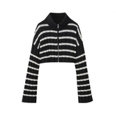 Casual Striped Zip Up Short Knitted Cardigan