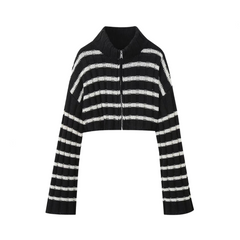 Casual Striped Zip Up Short Knitted Cardigan
