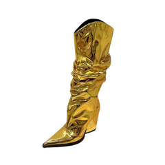 Pleated Chunky Heels Knee High Boots