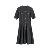 Solid Round Neck Gold Button A-Line Knitted Dress