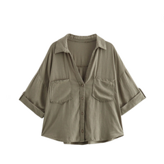 Linen Blend Pocket Casual Short Shirt