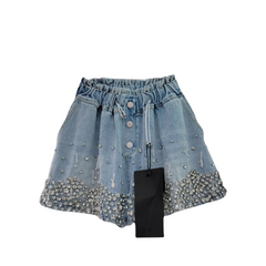 Tassel Bead Inlaid Diamond Wide Leg Denim Shorts