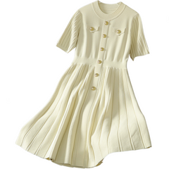 Solid Round Neck Gold Button A-Line Knitted Dress