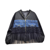 Hem Mesh Spliced Denim Patchwork Loose Jacket