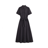 Pocket Lace Up Embroidery Midi Shirt dress