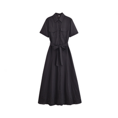 Pocket Lace Up Embroidery Midi Shirt dress