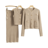 Solid Pleated Cardigan Vest Skirt Knitted Set