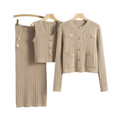Solid Pleated Cardigan Vest Skirt Knitted Set