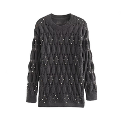 Round Neck Nail Bead Long Sleeved Sweater