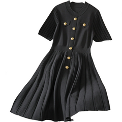 Solid Round Neck Gold Button A-Line Knitted Dress