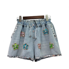 Handmade Flower Diamond Embedding Wide Leg Denim Shorts