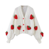 V-Neck Lantern Sleeve Strawberry Coarse Knitted Cardigan