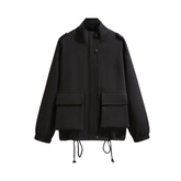 Solid Loose Drawstring Zip Up Oversized Jacket