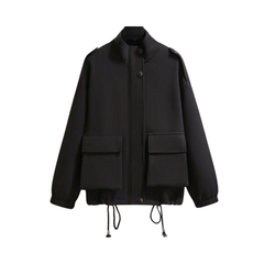 Solid Loose Drawstring Zip Up Oversized Jacket