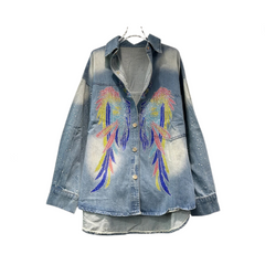 Colorful Diamond Rhinestone Long Sleeved Denim Shirt