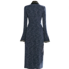 Tweed Collar Front Pockets Long Sleeve Midi Dress