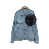 Spliced 3D Flower Long Sleeve Blue Denim Jacket
