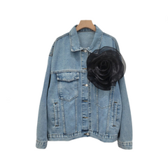Spliced 3D Flower Long Sleeve Blue Denim Jacket