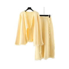 Solid Woven Loose Cardigan + Woven Skirt Set