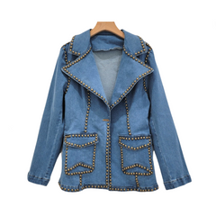 Notched Collar Pocket Rivet Long Sleeved Denim Jacket