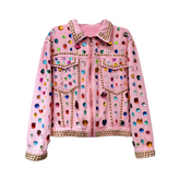 Rivet Beaded Diamond Pink Denim Loose Jacket