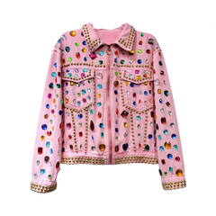 Rivet Beaded Diamond Pink Denim Loose Jacket