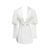 Spliced Button V-Neck Puff Sleeve Tunic Dress