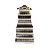 Sleeveless Striped Waist Cinching Jacquard Knitted Dress