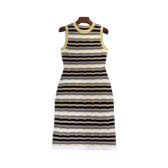 Sleeveless Striped Waist Cinching Jacquard Knitted Dress