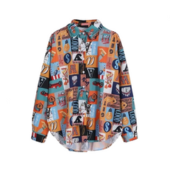 Retro Print Loose Long Sleeved Shirt