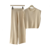 Solid Knitted Vest + Wide Leg Knitted Pants Set