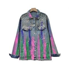 Denim Studded Half Painted Loose Jacket