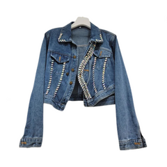 Denim Splicing Asymmetry Crystal Single Breasted Jacket