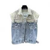 Pearl Beaded Diamond Blue Short Denim Vest