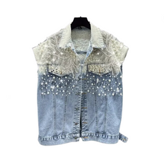 Pearl Beaded Diamond Blue Short Denim Vest