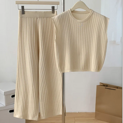 Solid Knitted Vest + Wide Leg Knitted Pants Set