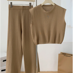 Solid Knitted Vest + Wide Leg Knitted Pants Set