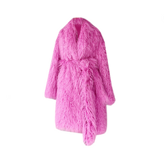 Wool Knee Long Faux Fur Belted Coat