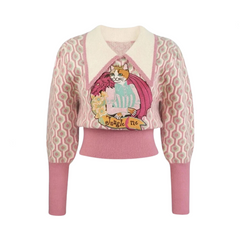 Vintage Cat Jacquard Embroidery Knitted Casual Sweater