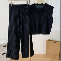 Solid Knitted Vest + Wide Leg Knitted Pants Set