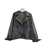 Nail Bead Studded Diamond Retro Motorcycle Denim Jacket