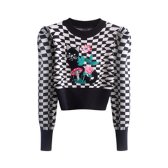 Plaid Bubble Sleeve Cat Embroidery Cropped Sweater